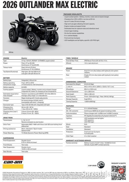 CanAm Outlander electric 2026 2VTA elektryczny nieuszkodzony Nowy Sącz
