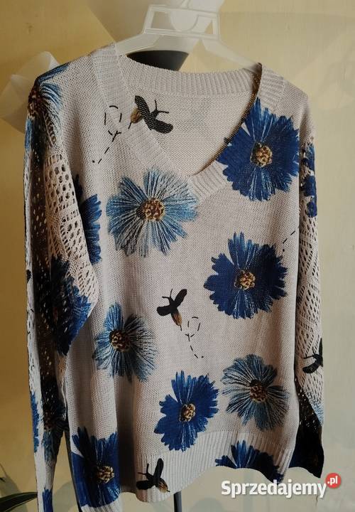 Sweterek damski beżowo niebieski drukowany Rozmiar 38(M) Łódź