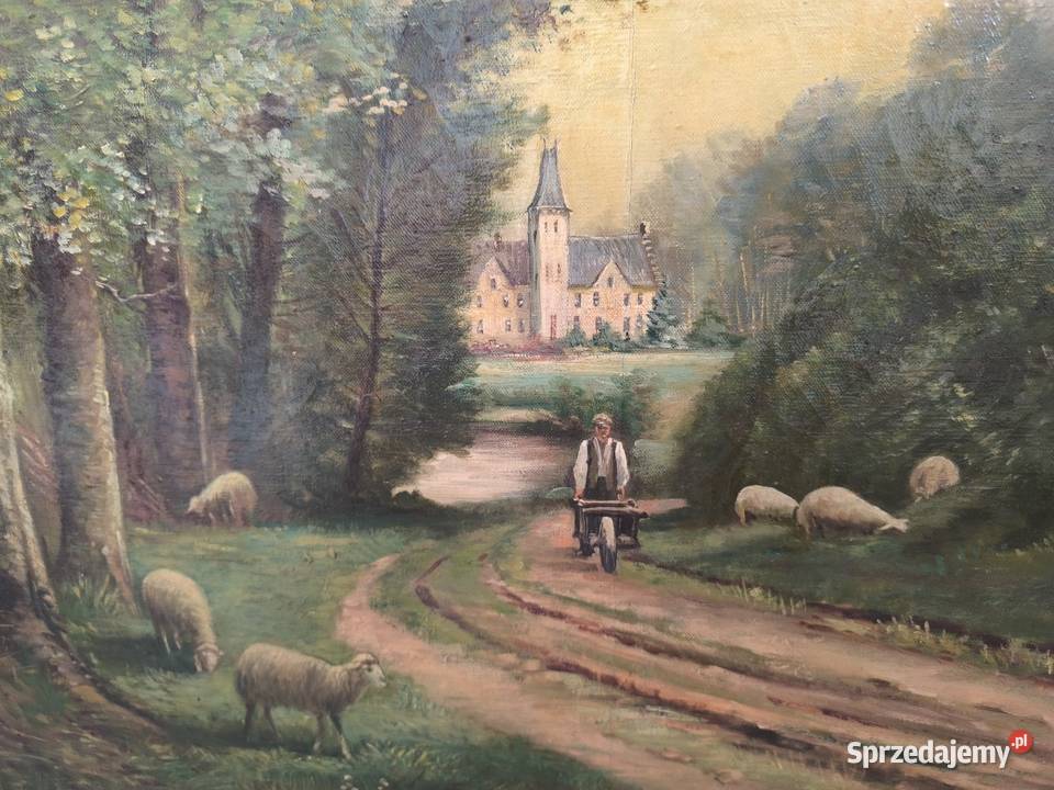 Piękny obraz olejny scena rodzajowa sygnowany Łódź