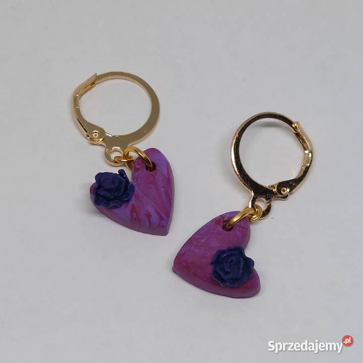 Kolczyki ręcznie robione serca z różą fioletowe Rękodzieło Lębork