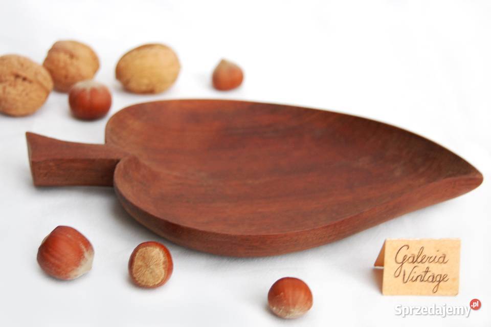 Rzeźbiona patera liść drewno teak lata 70 Lublin