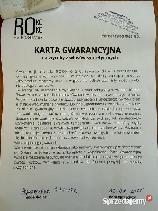 Peruka syntetyczna ROKOKO model Aquamarine nowa mazowieckie