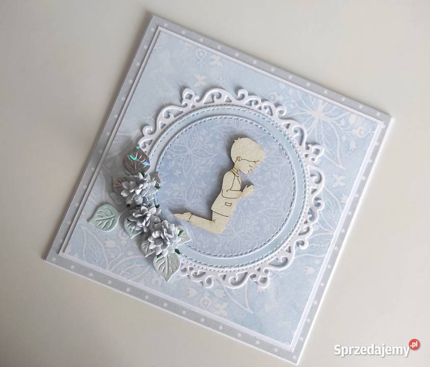 Kartka ręcznie robiona Komunia Święta niebieska Antyki, Sztuka, Kolekcje łódzkie Łódź