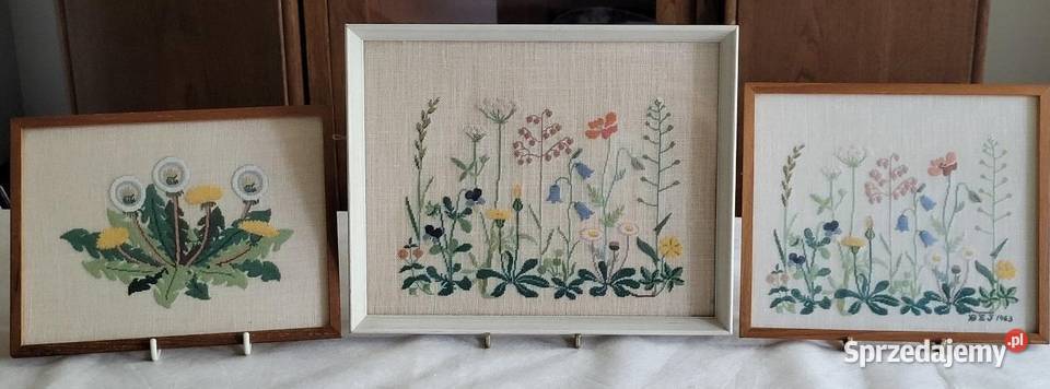 Urocze trzy obrazy haftowane ręcznie Polne Kraków