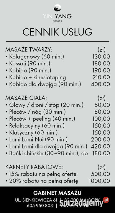 YinYang Massaji Gabinet Masażu masaż Kobido Lomi Malbork