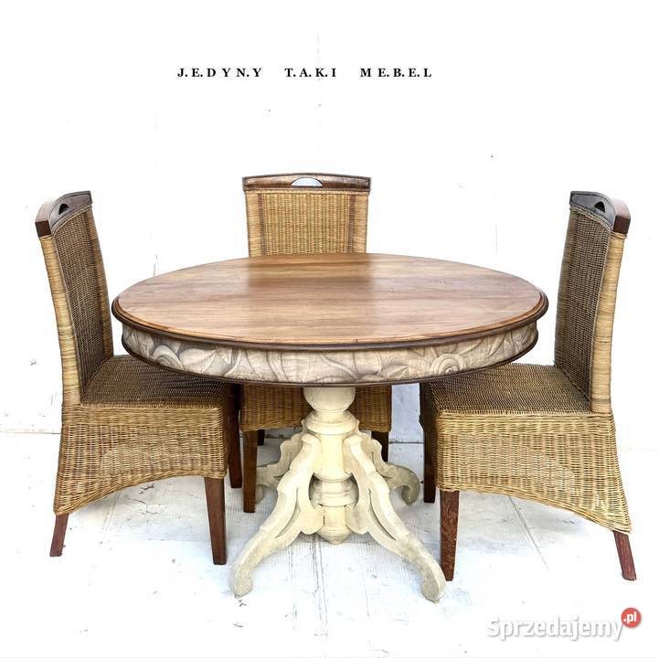 Zestaw stół 4 krzesła rattanowe vintage shabby 120cm Przeworsk