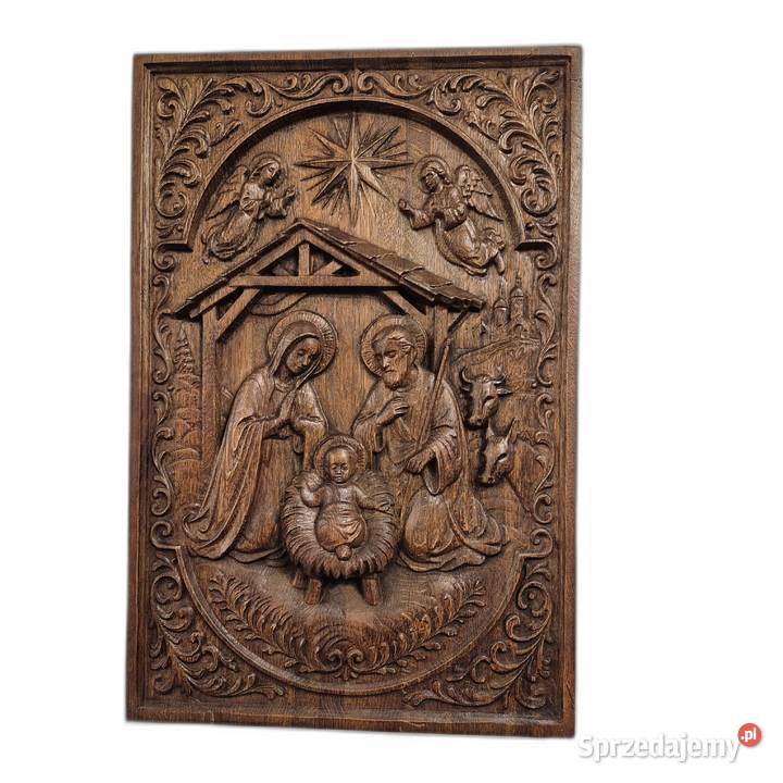 Płaskorzeźba w dębie Stajenka Święta rodzina Obrazki i obrazy zachodniopomorskie Malechowo