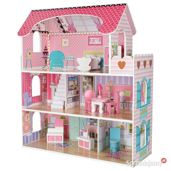 Domek lalek drewniany mebelki oświetlenie LED 3 lata+ Dla Dziecka Łopuszno sprzedam