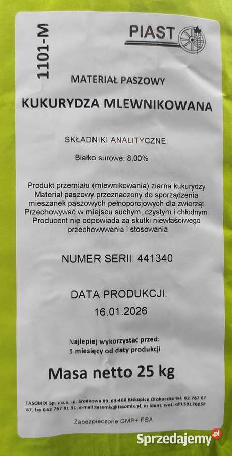 Kukurydza paszowa mlewnikowana kur kaczek drobiu Strzelce Wielkie sprzedam