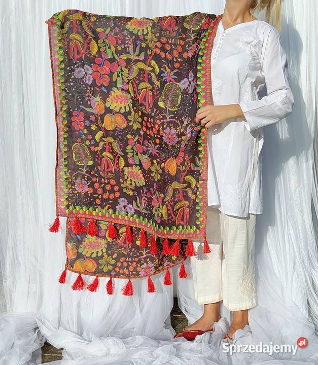 Duży szal pashmina chusta czarny kolorowy wzór Szczecin