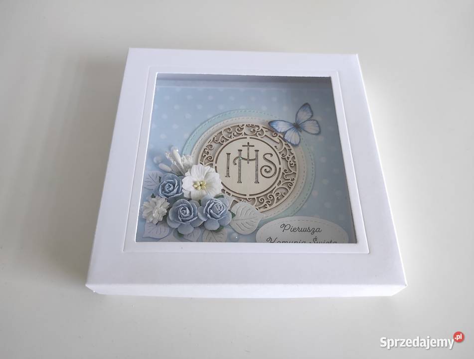 Kartka w pudełku ręcznie robiona na Komunię Rękodzieło