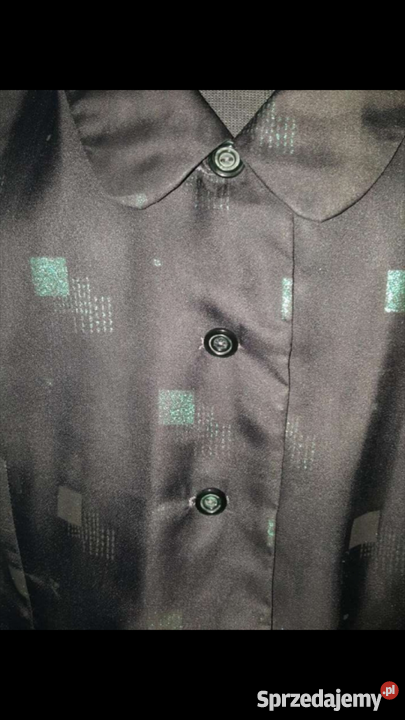 BLUZKA czarna z zielonym wzorem koszula z kołnierzykiem