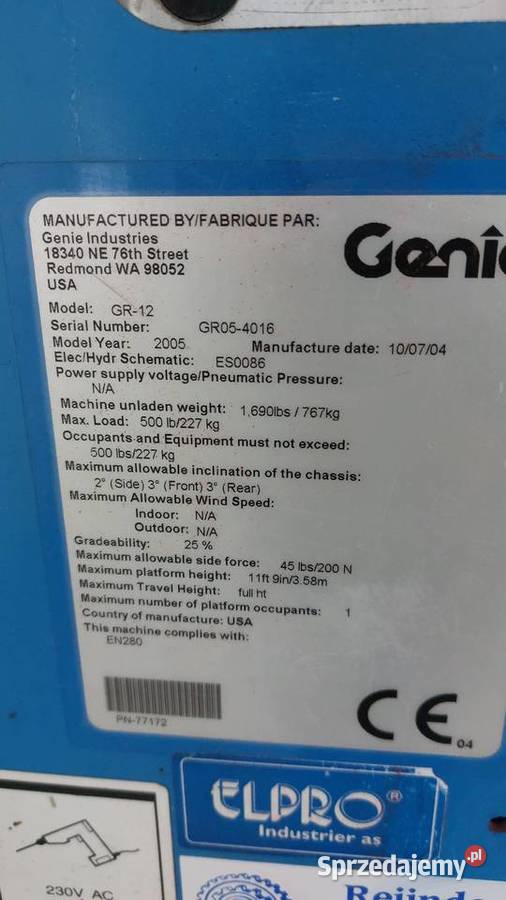 Podnośnik koszowy Genie GR12 Bolesławiec