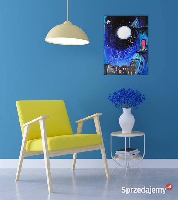 Niebieska noc obraz akrylowy noc miasteczko koty Katowice