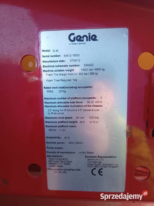 Podnośnik koszowy Genie s45 2012 86000 Żary sprzedam