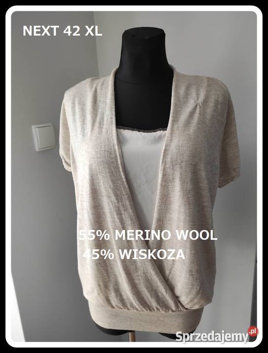 NEXT Bluzka wełna 55 narzutka top beżowe 42 XL