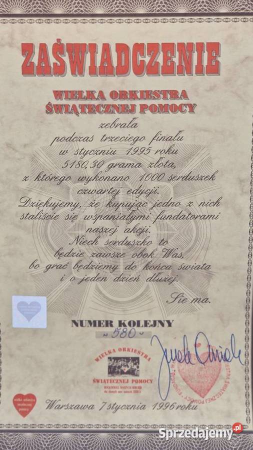 Złote Serduszko WOŚP z 1995 roku 580 Unikat mazowieckie Pruszków