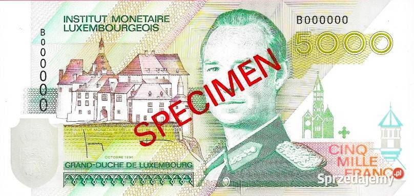 LUKSEMBURG 1993 UNC5000 franków P60s SPECIMEN Numizmatyka pomorskie Człuchów sprzedam