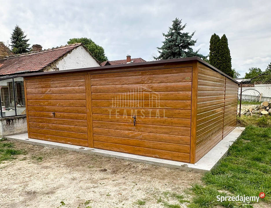 Garaż blaszany 6x6m 2x brama uchylna rynny