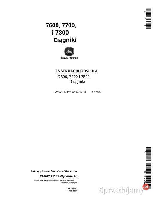 John Deere 7600 7700 7800 instrukcja napraw sprzedam