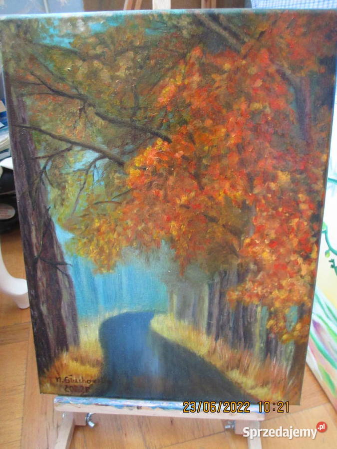 obraz olejny Mokra szosa jesienią 30x40 mazowieckie Warszawa