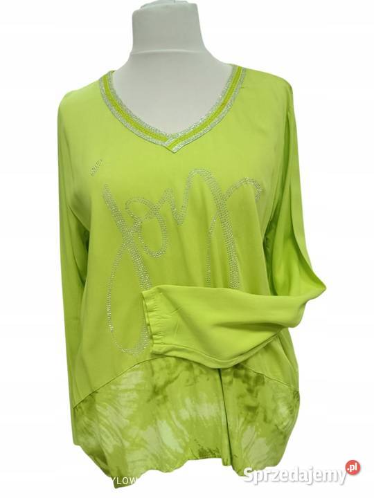 Bluza damska CEKINY limonkowa kieszenie dekold Moda i Styl Wieluń