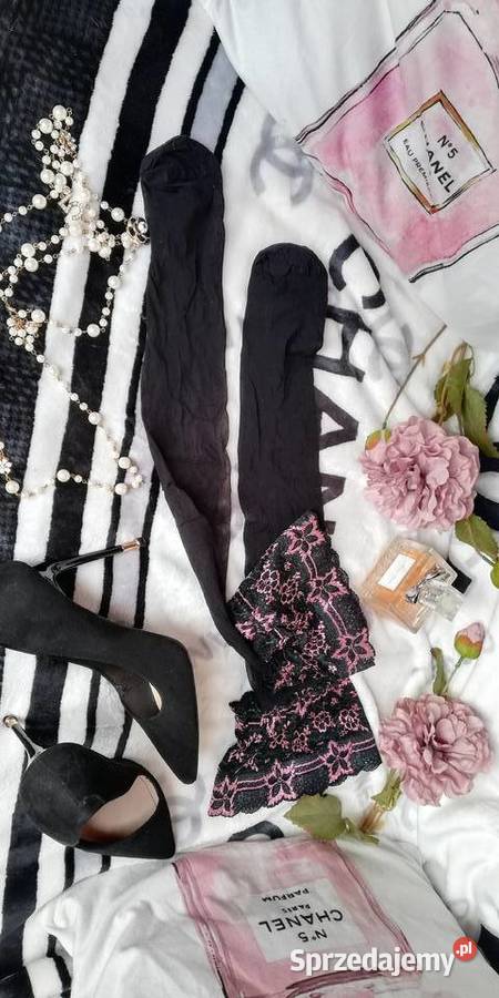 pończochy czarne samonosne koronka róż kwiat Warszawa