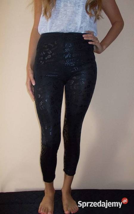 Czarne legginsy z napisami XS 34 getry napisy kujawsko-pomorskie Toruń