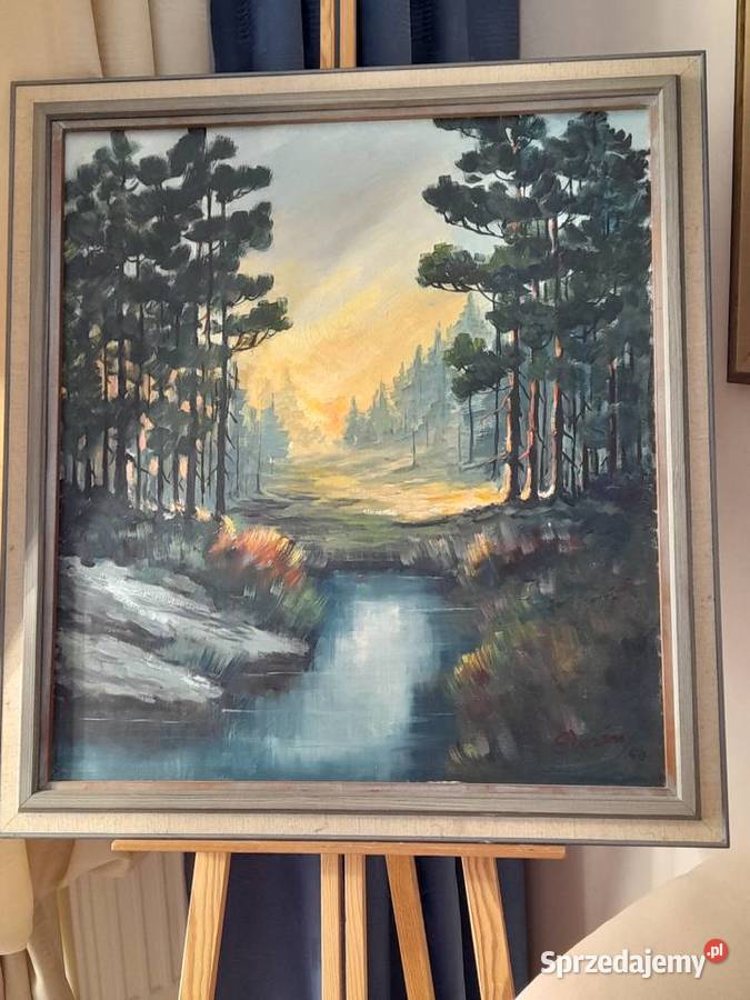 Słoneczny krajobraz z rzeką obraz olejny płótno Iłża