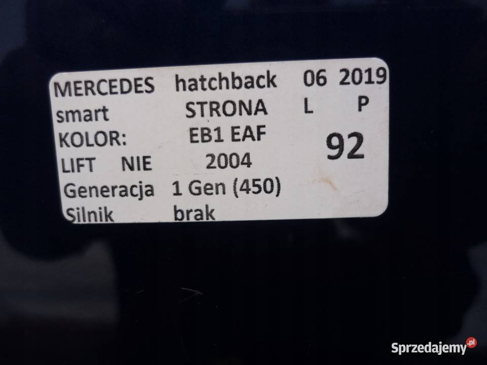 SMART FORTWO 450 EB1 EAF KLAPA TYŁ BAGAŻNIKA Zbierkowo