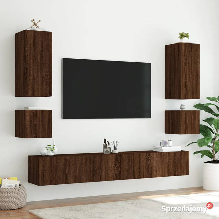 Ścienne szafki TV z LED 2 brązowy dąb 405x35x40 Warszawa sprzedam
