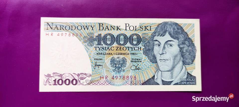 Banknot z PRLu 1000 1982 stan UNC 1 Antyki, Sztuka, Kolekcje Pruszków
