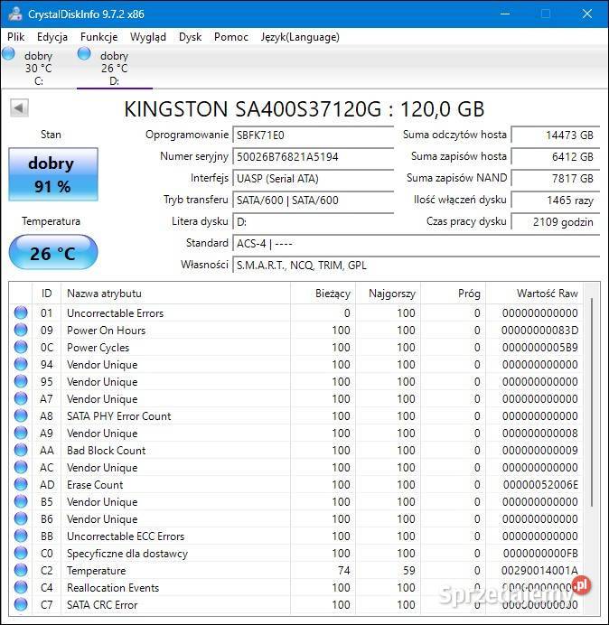 Dysk SSD Kingston sprawny w stanie przepracoane Kraków