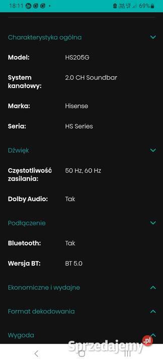 Sprzedam Sounbar Hisense HS205G Chojnice