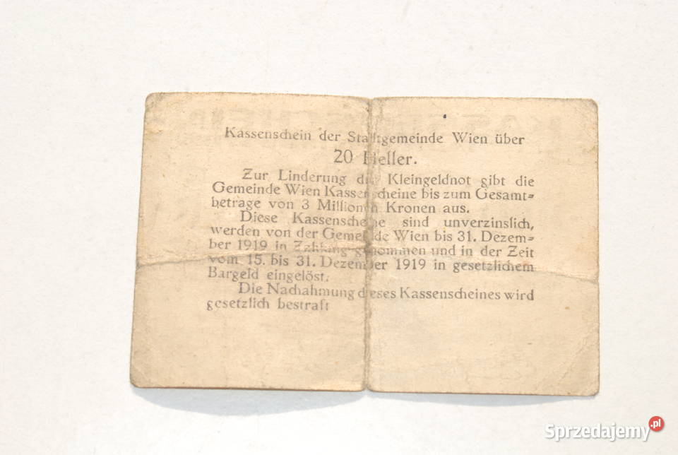 Stary banknot bon Heller 20 Austria Wiedeń 1919 Cieszyn