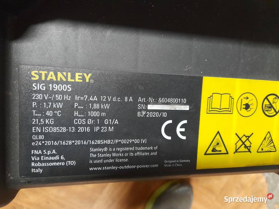 Agregat prądotwórczy Stanley SIG 1900S 17 KW Toruń