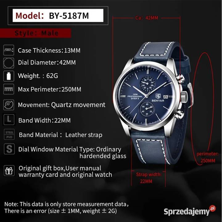 Zegarek męski granatowy Benyar pasek chronograf Gorzów Wielkopolski