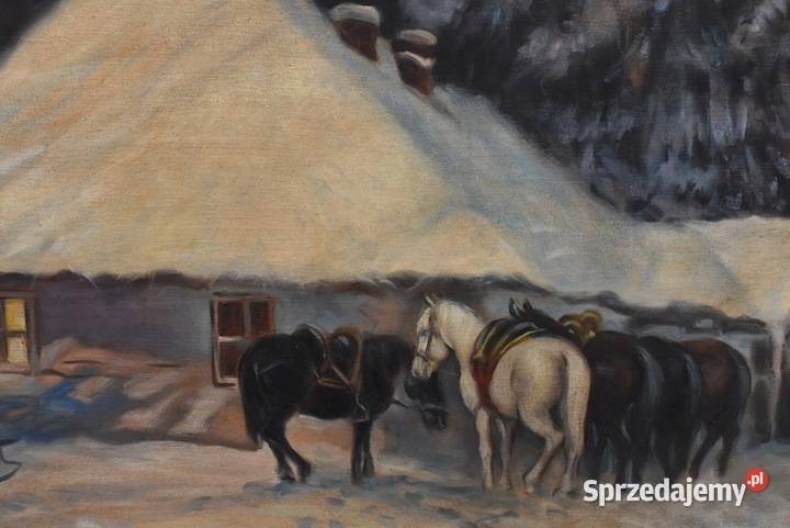 J Fałat Zimowy Pejzaż Konie Przed Gospodą Stary