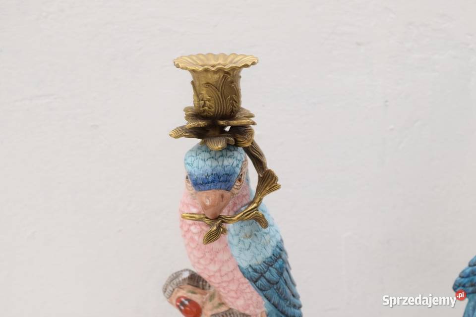 2 ŚWIECZNIKI PORCELANA BRĄZ PAPUGI OKUTE BRĄZEM Kraków