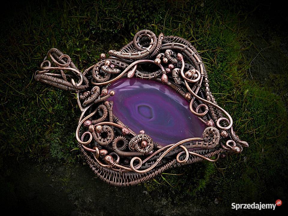 Wisior różowy agat miedź wire wrapping Kraków