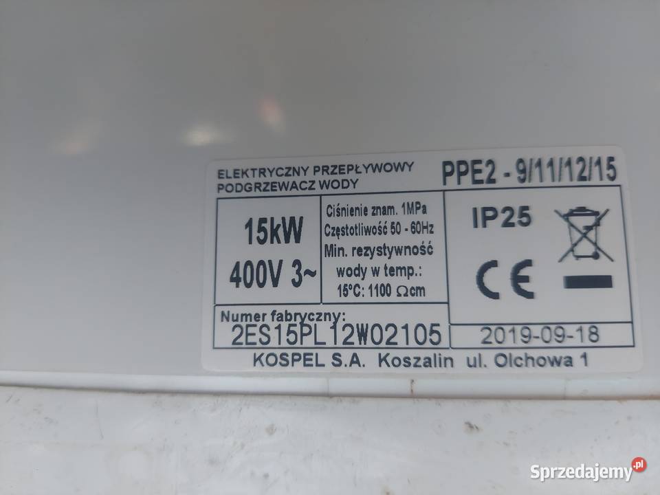 Podgrzewacz wody przepływowy Kospel 15 kW śląskie Poraj sprzedam