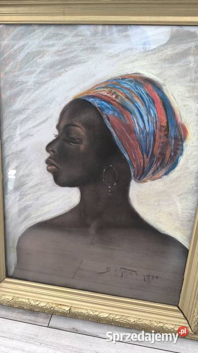 Stary oryginalny obraz pastela porter afrykanki Łódź