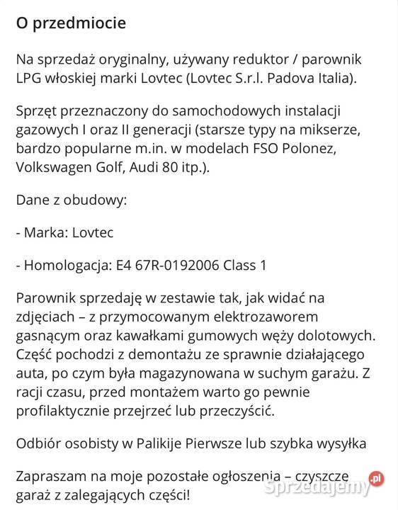 Reduktor parownik LPG Lovtec Włochy instalacja 1 osobowe Palikije Pierwsze sprzedam