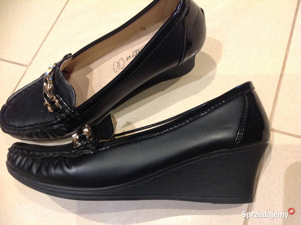 Buty Półbuty Mokasyny na Koturnie Damskie Czarne Półbuty