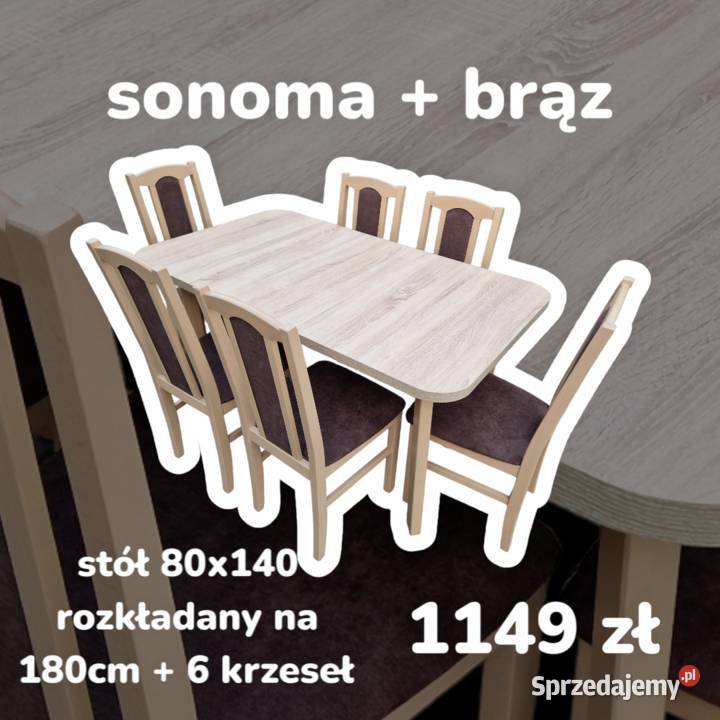 Nowe: Stół 80x140/180 + 6 krzeseł, SONOMA + BRĄZ, dostawaPL