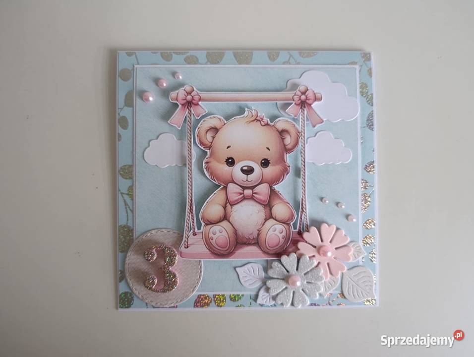 Kartka ręcznie robiona urodzinowa z misiem Łódź