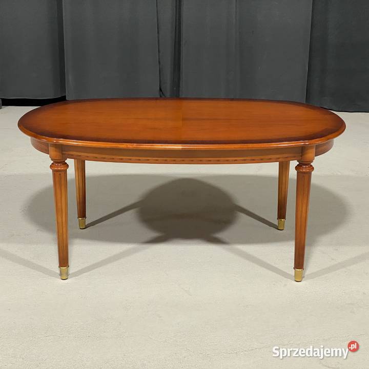 Intarsjowany wiśniowy stolik kawowy owalny Budno