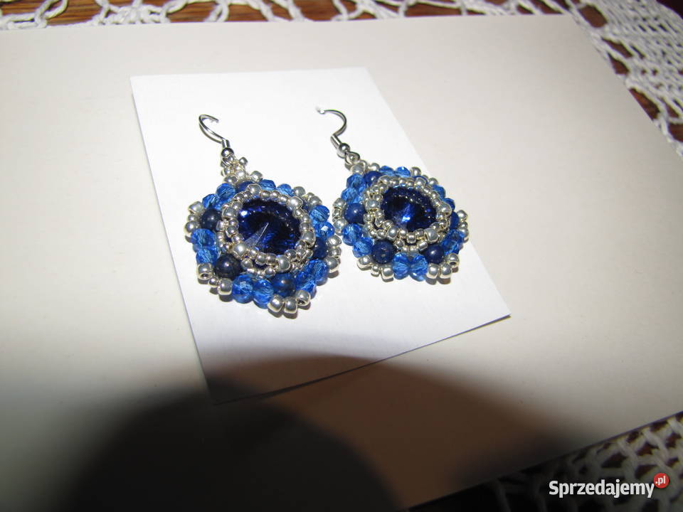 Kolczyki kryształki szafirowe rękodzieło Pruchnik sprzedam