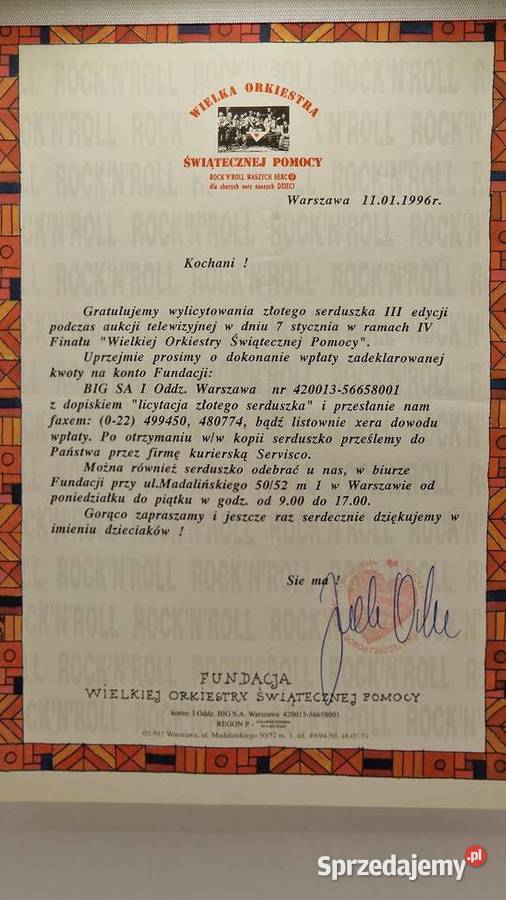 Złote Serduszko WOŚP z 1995 roku 580 Unikat