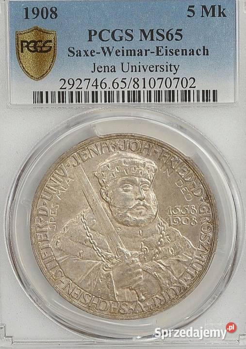 5 Marek 1908 r Saksonia PCGS MS 65 WYSOKA NOTA warmińsko-mazurskie Węgorzewo